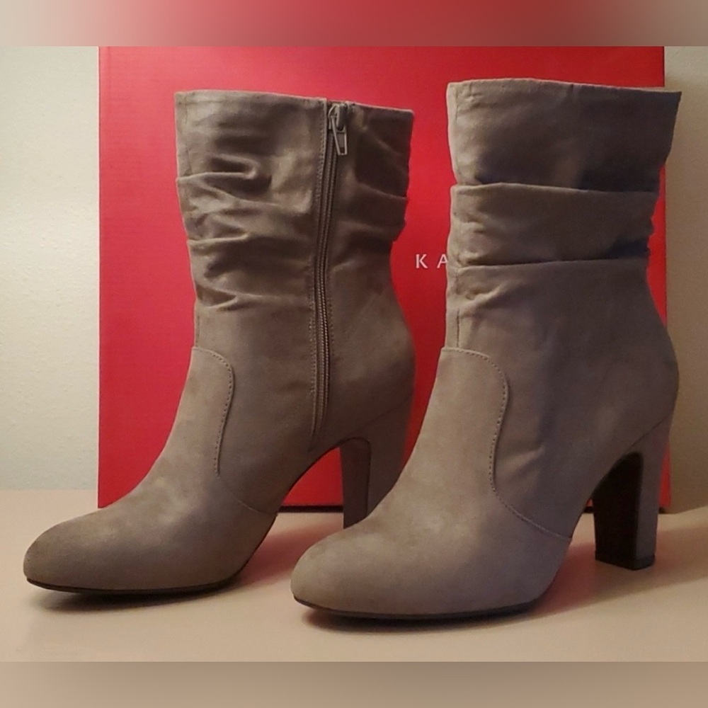 Kelly and Katie Lola Women's Taupe Suede Slouchy Ankle Boots - Stylish High Heel